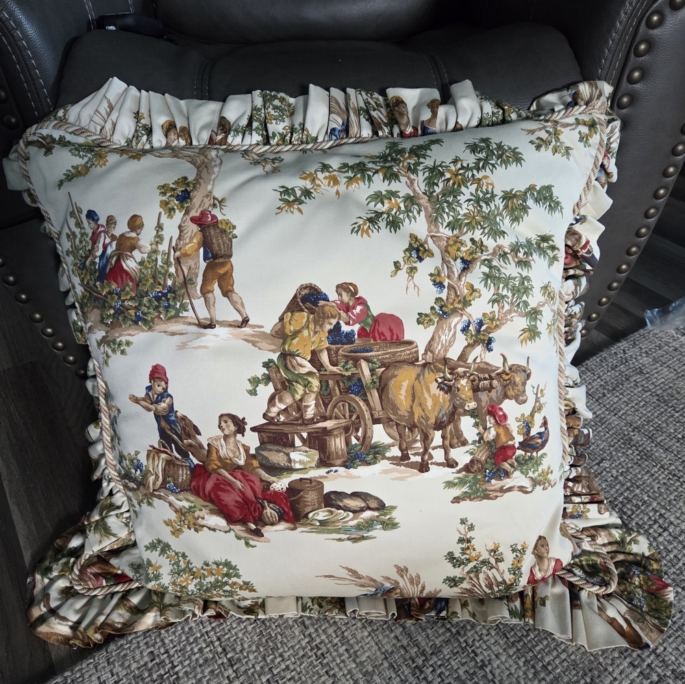 French Country Toile Ruffled Throw Pillows with Rustic Scene